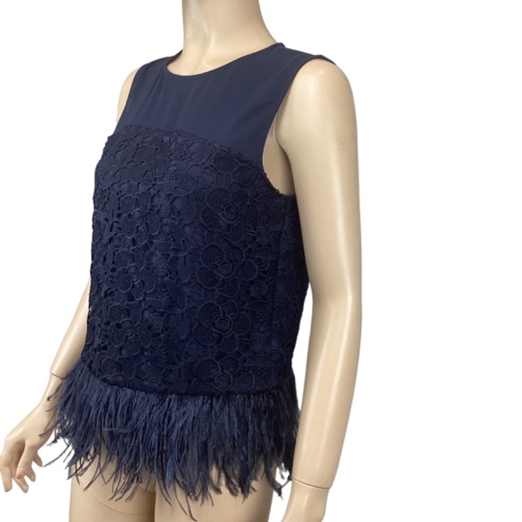 Anthropologie Greylin Navy Lace‎ Chiffon Sleeveless top SMALL Ostrich Feathers - Picture 3 of 10
